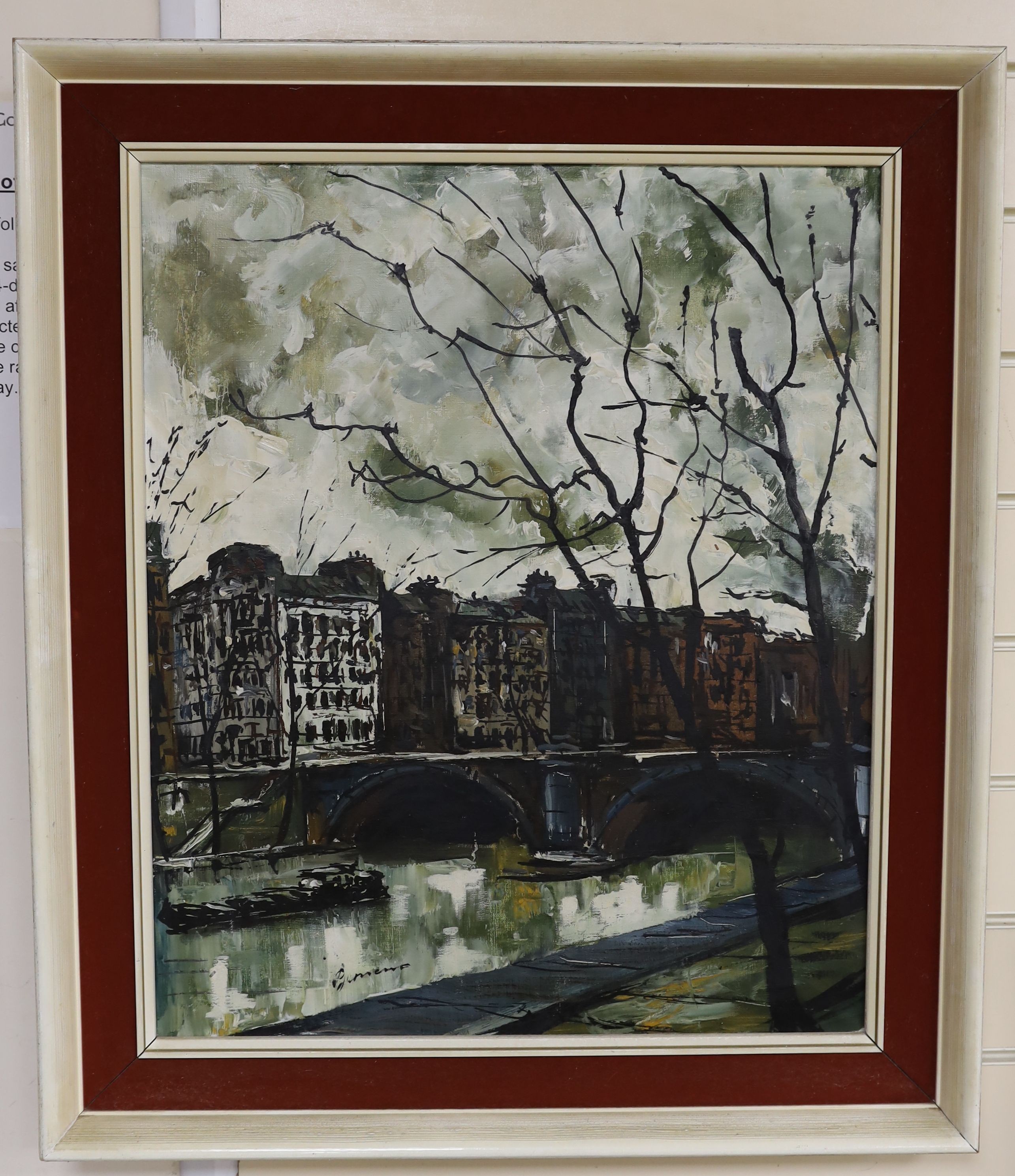 Continental School, oil on canvas, Houses alongside a canal, indistinctly signed, 60 x 50cm